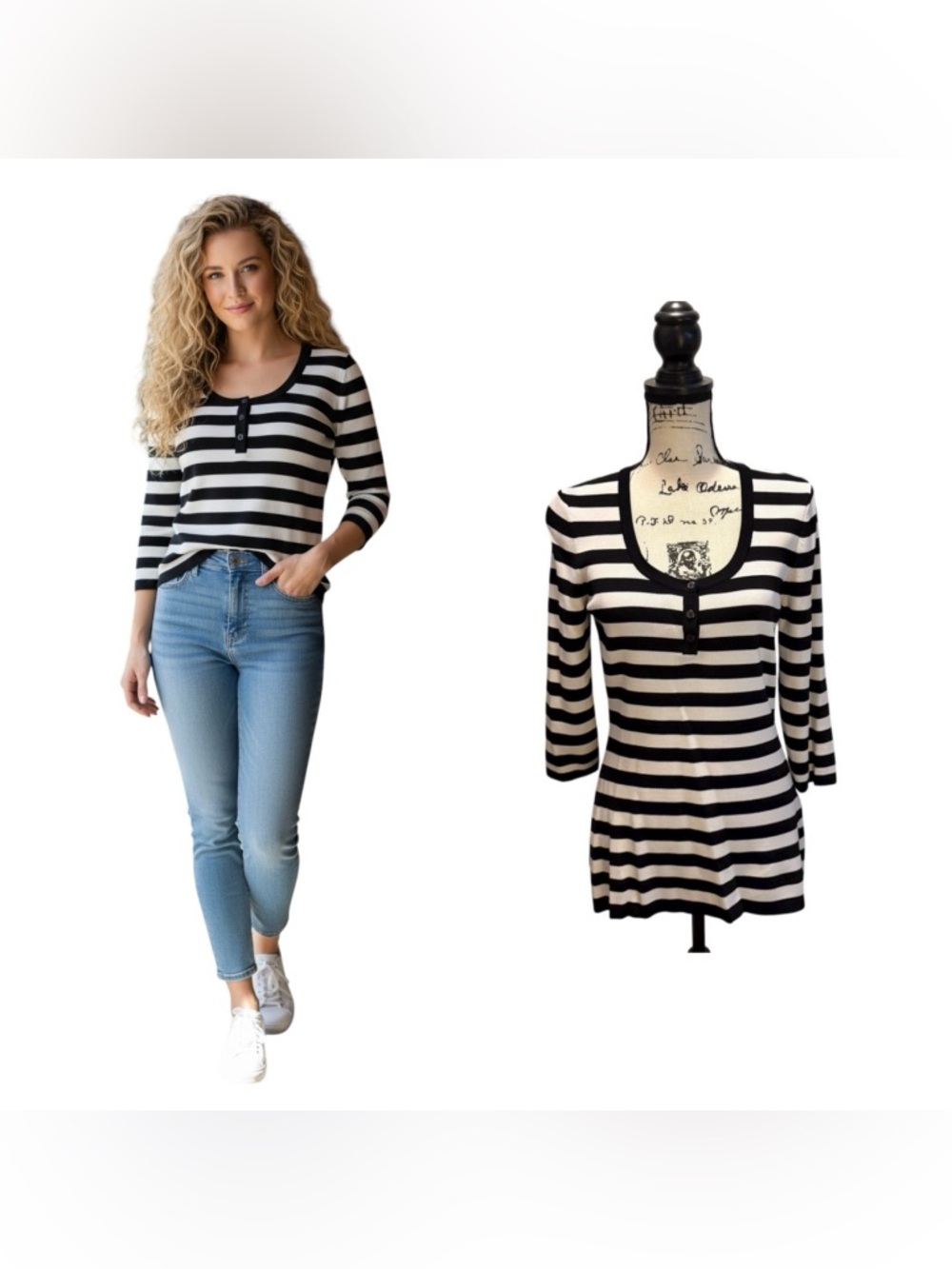 Venini Striped Henley Sweater Black White Size Medium Pullover business casual